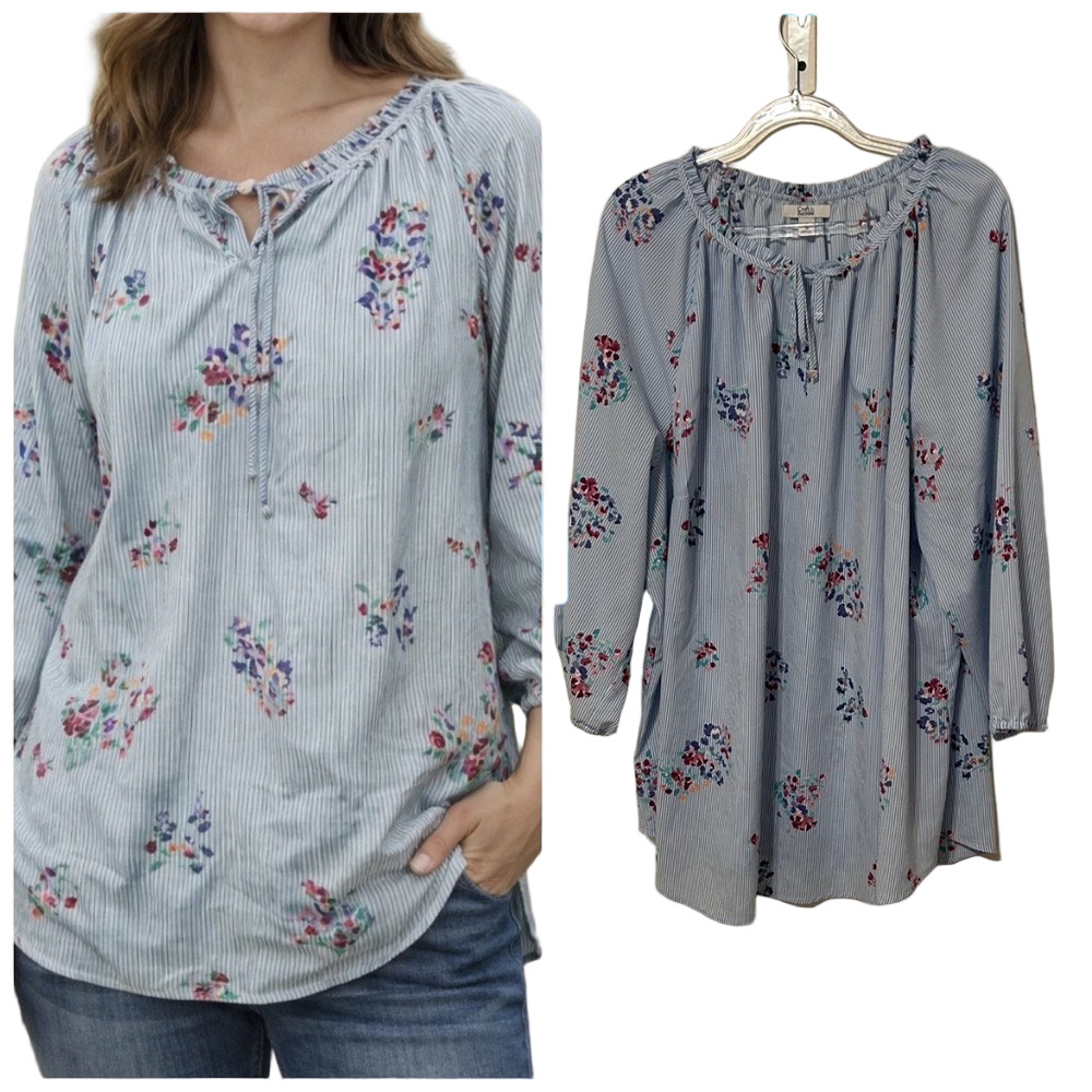 croft & barrow Light Blue Striped Floral Peasant Blouse